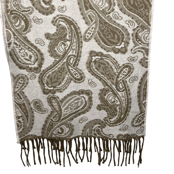 Cashmere Paisley Scarf Shawl with Fringe Beige White England Made Reversible - Picture 6 of 12